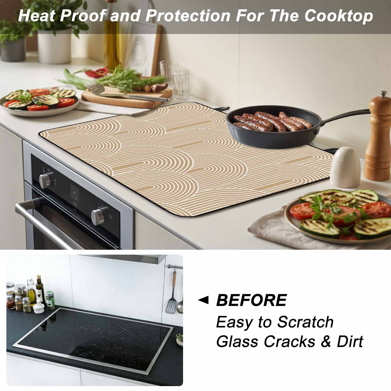Khaki Boho Stove Top Cover for Electric Stove, Heat-proof & Non Slip Glass Top Stove Cover Protector, Middle Century Modern Abstract Art Kitchen Flat Cooktop Rubber Mat 24x21 Inches