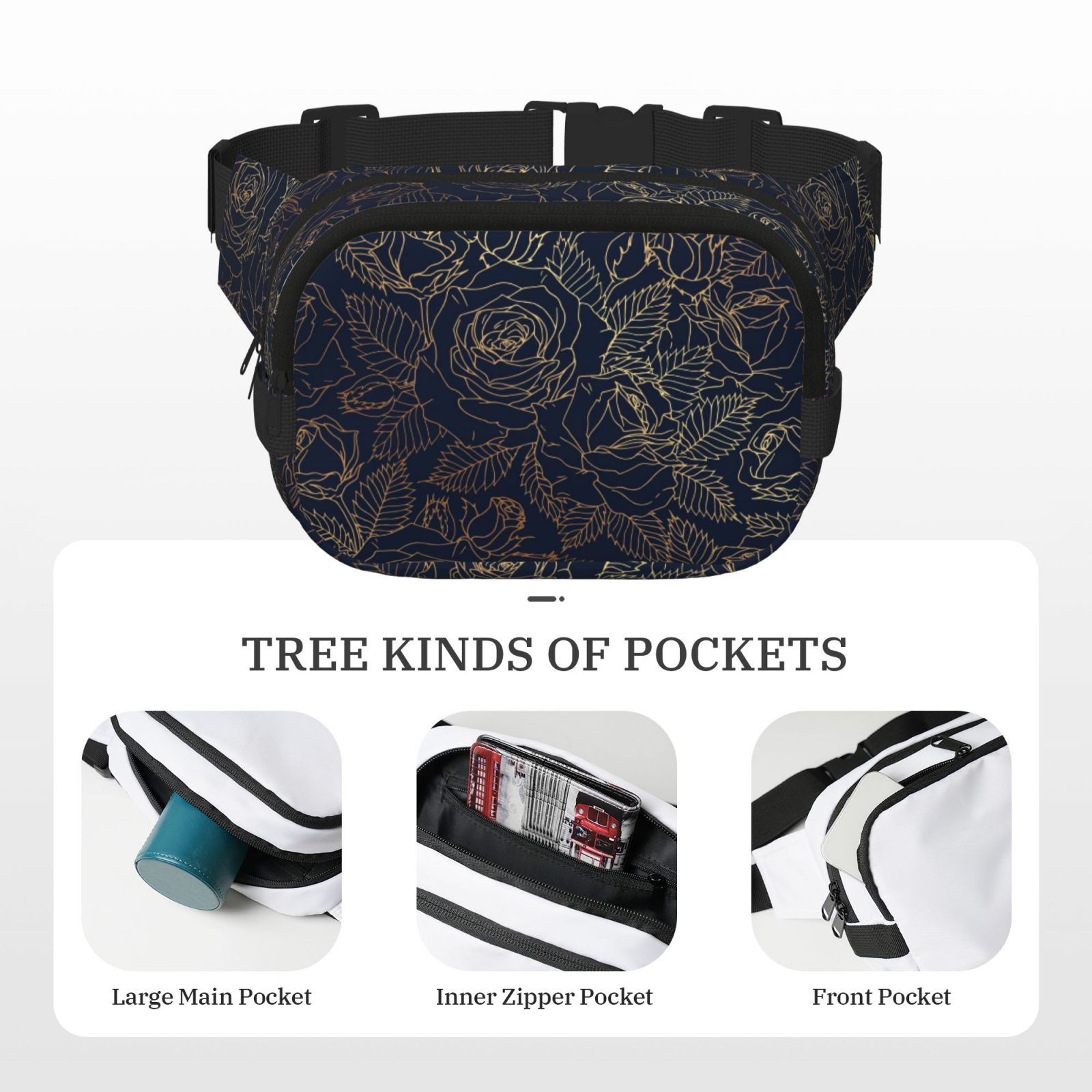 Picia Copper-Gold Gloss Outline Rose Print Square Double-Layer Waist Bag Mini Adjustable Waist Belt Bag Exercise Running Travel Hiking