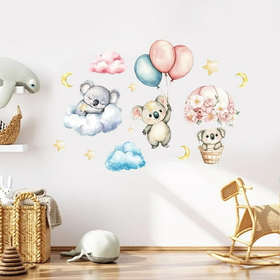 Cute Koala Sleeping in The Clouds Wall Decals Watercolor Flowers Hot Air Balloon Wall Stickers Colorful Princess Room Decor Peel and Stick Wall Decals for Girls Bedroom Nursery Playroom