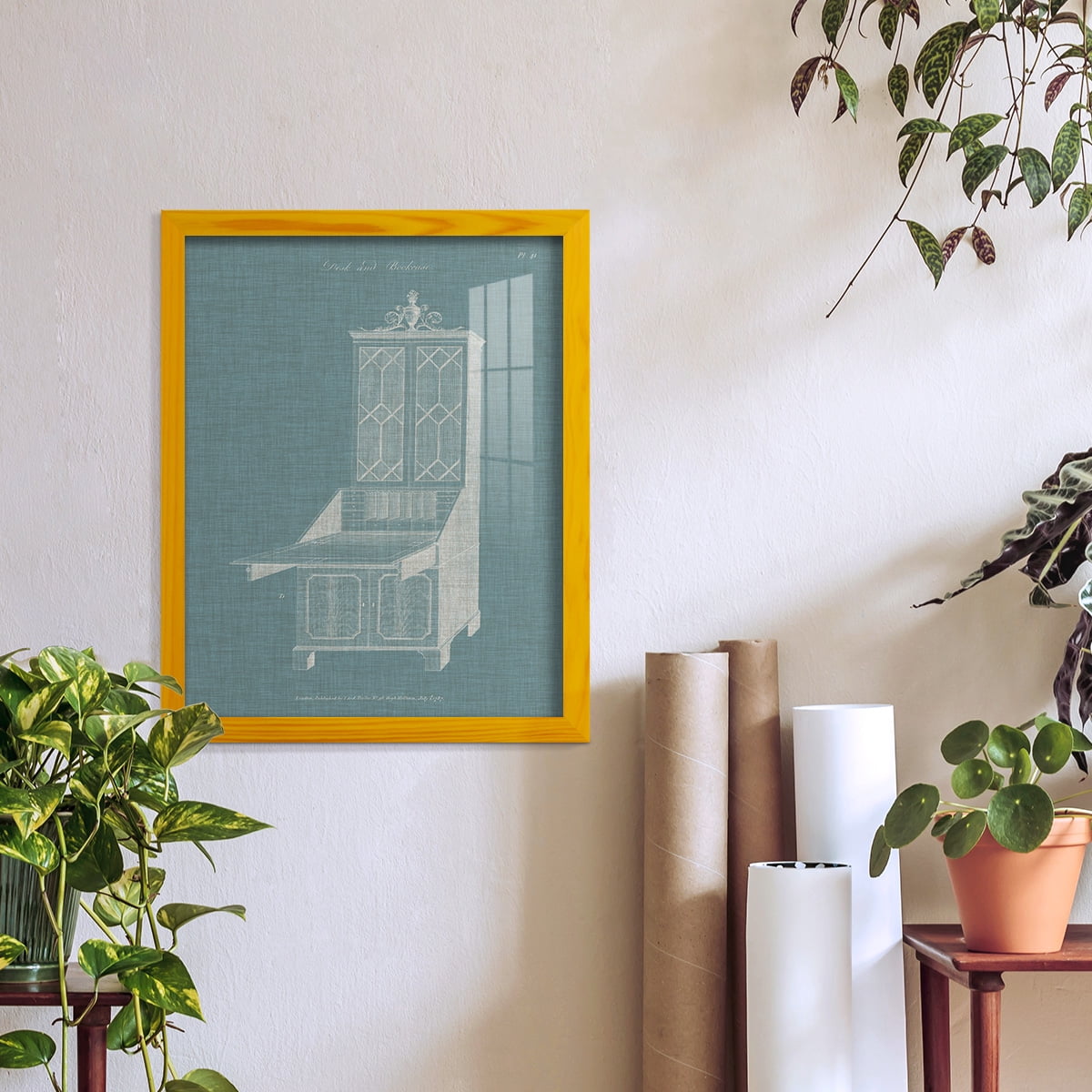 Hepplewhite Desk & Bookcase IV - Framed Print w/glass - Sunflower Yellow