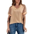 thumbnail image 3 of Top de verano para mujer, Top holgado con cuello en V y encaje con volantes cortos, Top de manga de malla transparente para mujer Albaricoque L, 3 of 6