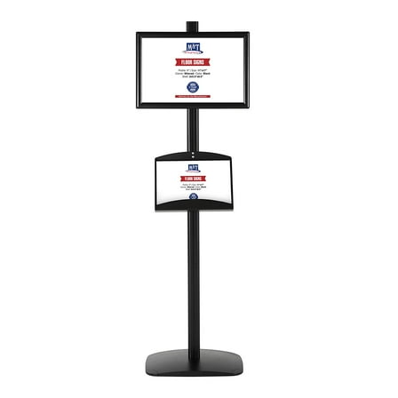 M&T Displays Free Standing Display with 1 x (11X17) snap Frame in Portrait/Landscape and 2 x (5.5x8.5) Steel Shelves, Single Sided (Black)