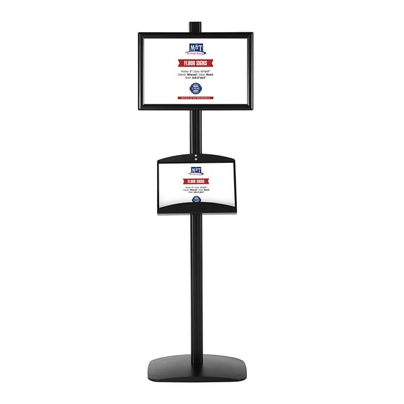 M&T Displays Free Standing Display with 1 x (11X17) snap Frame in Portrait/Landscape and 2 x (5.5x8.5) Steel Shelves, Single Sided (Black)