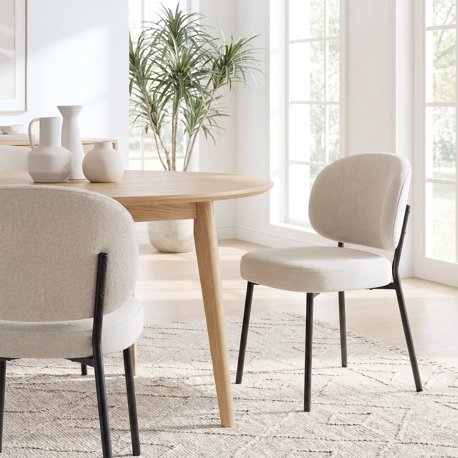 Set of 4 Upholstered Modern Dining Chairs, Mid Century Kitchen Chairs with Curved Backrest and Metal Legs for Dining Room, Living Room, Beige