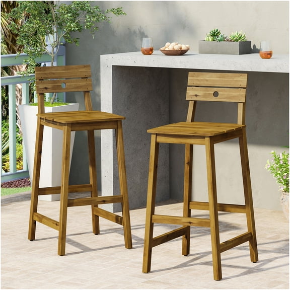 Brown Acacia Wood Bar Stools Set of 2, Rustic Indoor Outdoor Counter Height Stools with Back Support