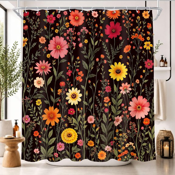 Floral Shower Curtain Dark Botanical Wildflower Fabric Bath Curtain with Hooks 71x71 Inches