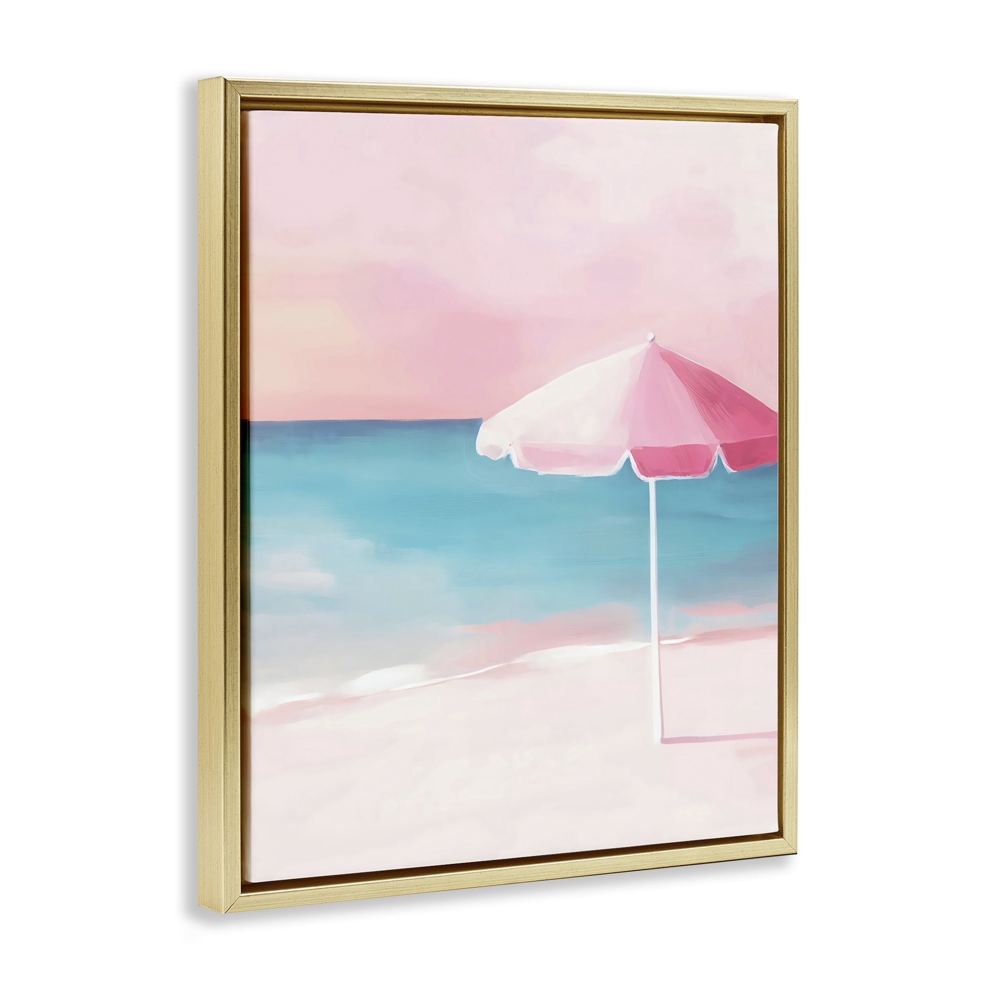 Stupell Industries Serene Pink Beach Umbrella Gold Framed Floater Canvas Wall Art, design by The Prints Vibe