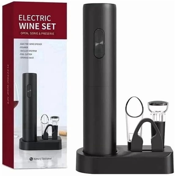 AMPMG Electric Wine Opener Set with Vacuum Stopper and Foil Cutter, Battery Operated, Black