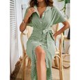 thumbnail image 2 of Yesfashion Women's Collar V Neck Button Front Tie Waist Short Sleeve Ruffle Hem Midi Dress, 2 of 5