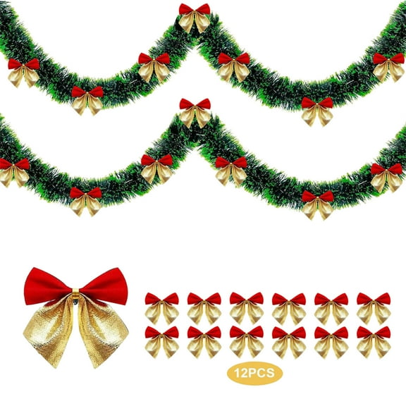FastXmas 79" Christmas Tinsel Garland with 12 Pcs Bows Decorations,Plastic Foil Tinsel Garland with Bows Hanging Ornaments,Imitations Pine Garland for Christmas Tree,Holiday,Birthday,Party,Yard Decor