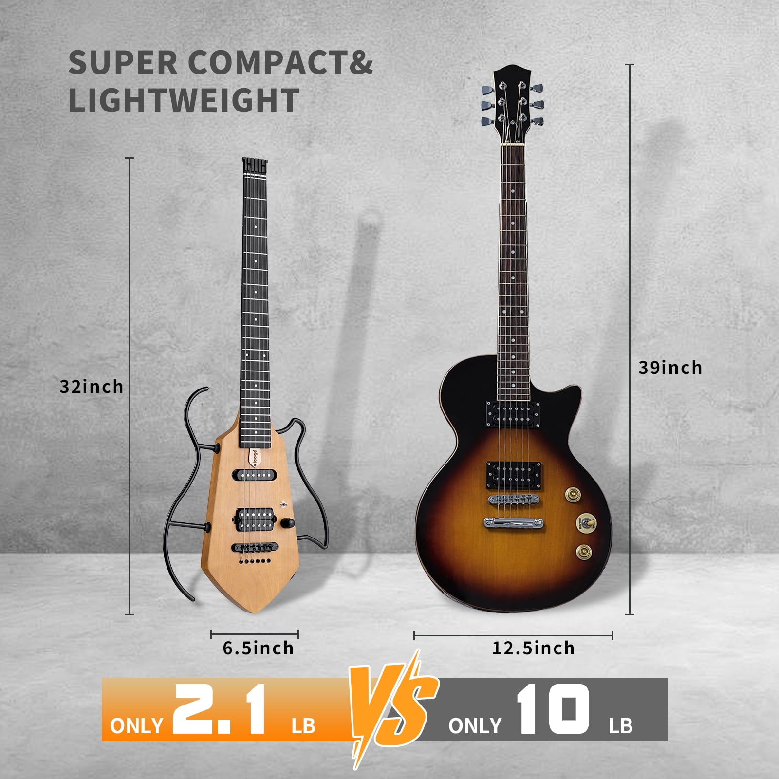 Compact Electric Guitar, Small Lightweight Headless Guitar for Travel and Practice, Portable Solid Body Easy Assemble Stands wtih Gig Bag, Natural