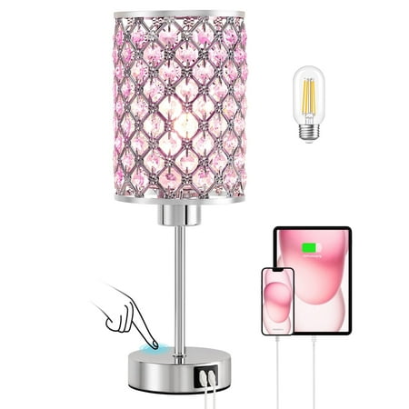 Natyswan Touch Crystal Table Lamp, Pink with USB Ports