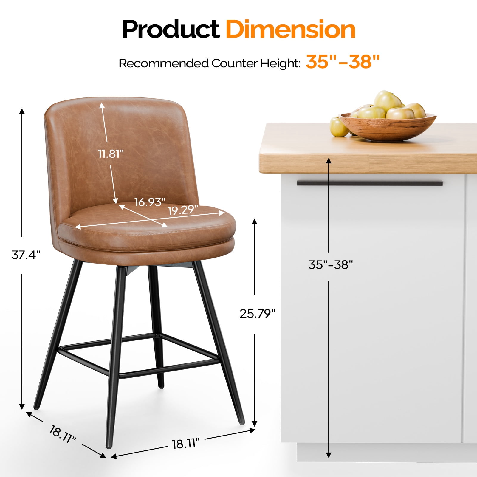 Zimtown Modern Barstools Set of 2, 26" Counter Height Swivel Bar Stools Set with Cushion for Kitchen Island, Dining Room, Bar Chairs, Tan Brown