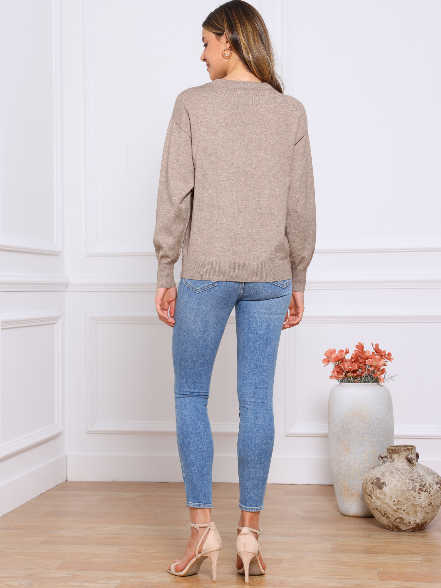DARING DIVA Women's Long Sleeve Lightweight Crew Neck Knit Top L Khaki Brown