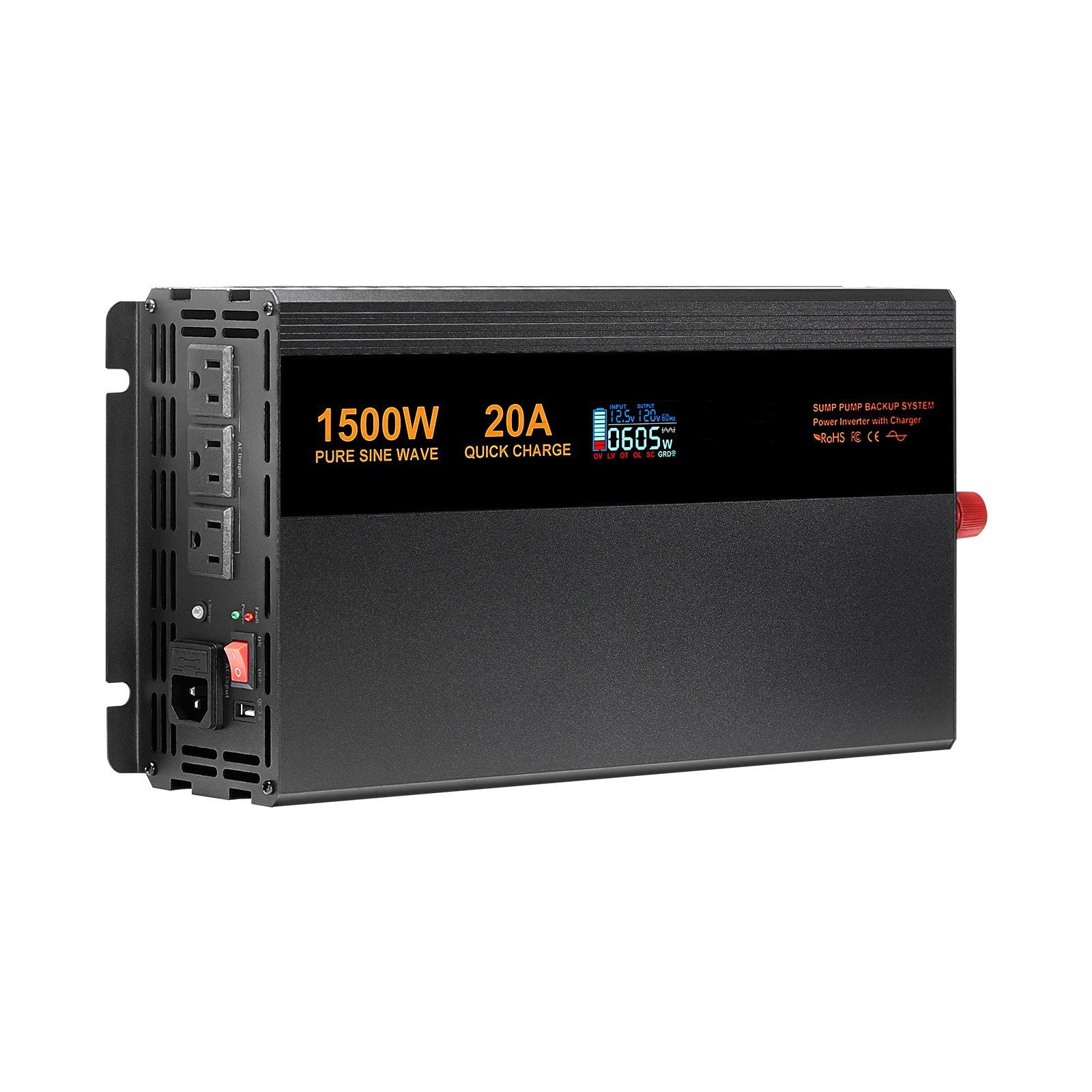 Heavy Duty 1500W Sump Pump Battery Backup with LCD, Auto Switch to Battery & Inverter for Uninterrupted Operation