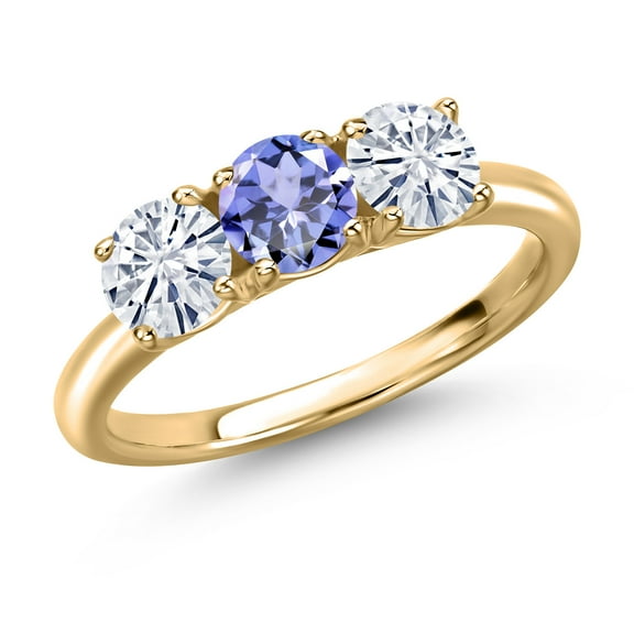 Gem Stone King 10K Yellow Gold Blue Tanzanite and White Moissanite Engagement Ring for Women | 1.46 Cttw | Round 5MM | Gemstone December Birthstone | Size 9