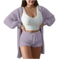 thumbnail image 2 of DailyTrove Women's Fuzzy Warm Sherpa Fleece 3 Piece Outfit Fleece Coat Jacket Outwear and Spaghetti Strap Crop Top Shorts Set,Purple, 2 of 6