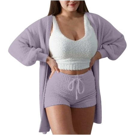 

Women s Fuzzy 3 Piece Lounge Set Soft Comfy Pajama Set Cami Crop Top Shorts Open Front Cardigan Loungewear Sleepwear