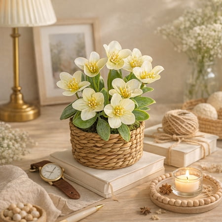 Artificial Flower Planter In White Pot With Spring Color Blooms Small Desktop Decor For Living Room Dining Table Office Low Maintenance Seasonal Accent Holiday Or Year-Round Vibe