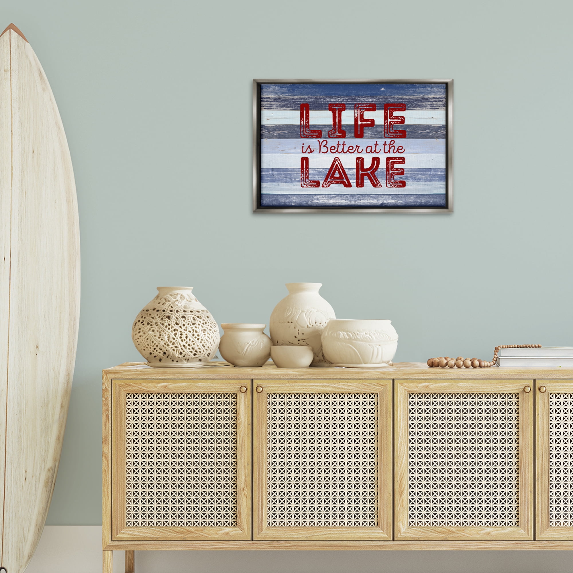 Stupell Industries Life At Lake Striped Coastal Painting Gray Floater Framed Art Print Wall Art, 25 x 17