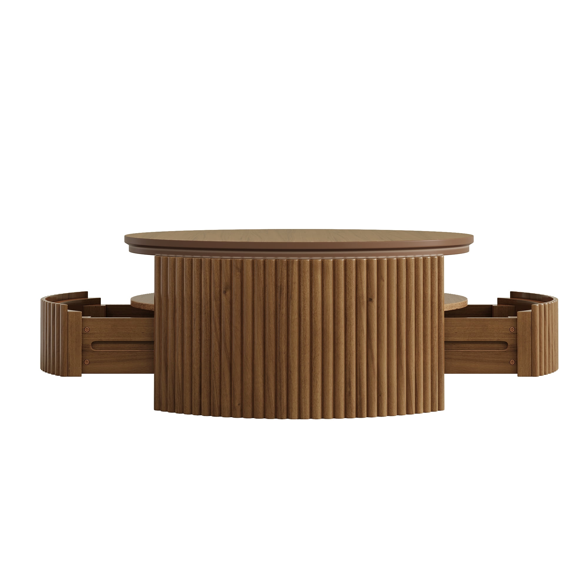Garitin Coffee Table and Round Fluted Drum Pedestal 30.3 Inch, Mid Century Modern Center Table with Hidden Storage Drawers for Living Room, Walnut