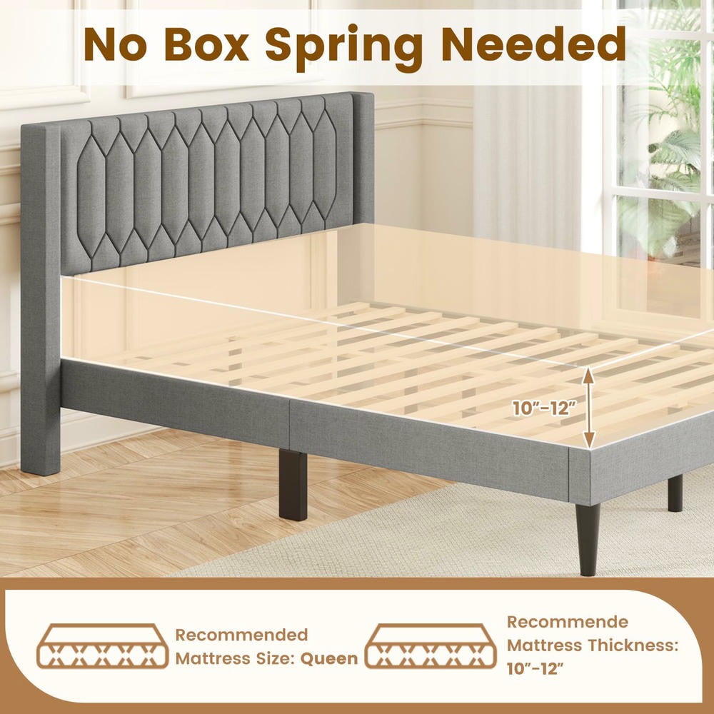 GVN Queen Size Sturdy Bed Frame with Wingback Headboard and Wooden Slat Support, Dutch Linen Fabric Upholstered Bedroom Platform Bed Frame for Apartment, Bedroom, Beige