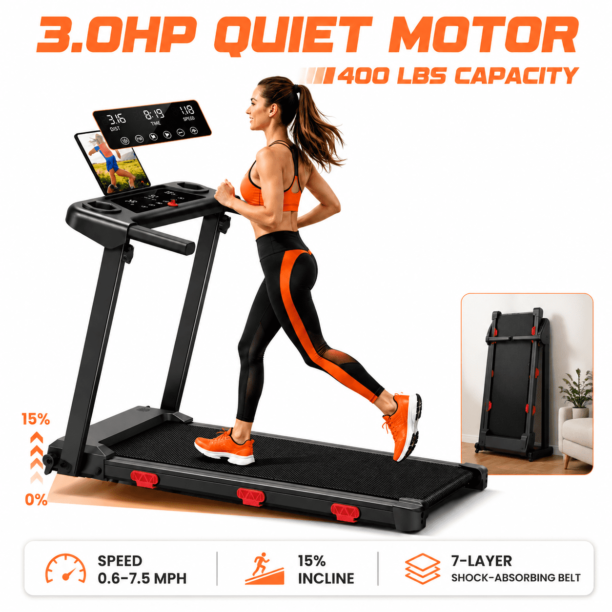 BOGYKIK Foldable Electric Treadmill with 15% Incline & Speed 0.6–7.5 MPH, 400 lbs Capacity 3.0HP Quiet Walking Pad with LED Screen, 7-Layer Shock-Absorbing Running Belt for Home Gym