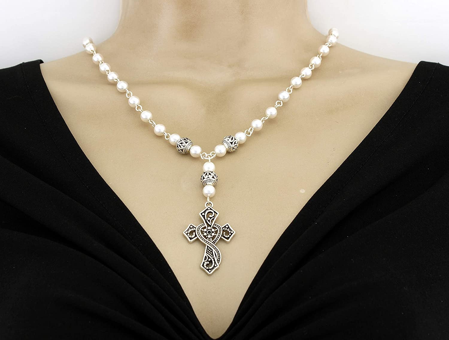 Brenda Elaine Jewelry Necklace with White Pearls and Ornate Silver