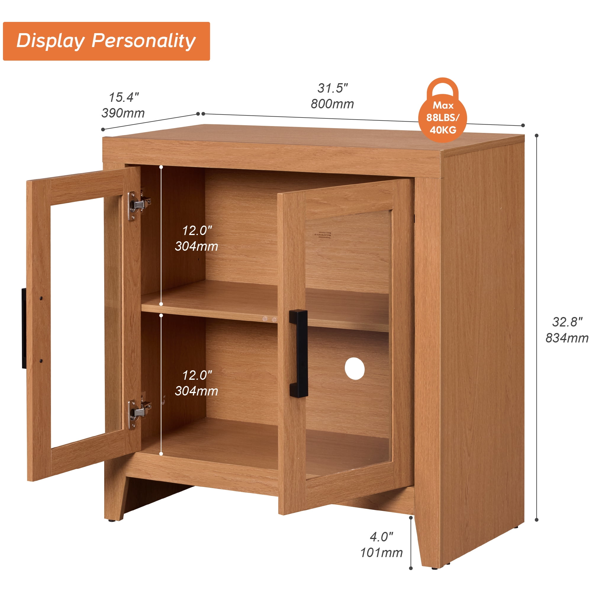 WAMPAT Modern Farmhouse TV Stand up to 40"TV, Entertainment Center with Tempered Glass Doors & Adjustable Shelves, Mocha