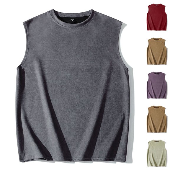 Men's Faux Suede Leather Sleeveless Tank Tops Gym Muscle Acid Wash Workout Tees Cut off Loose Fit Athletic T-Shirts Big and Tall Size M-5XL Wine