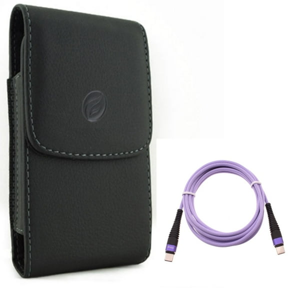 Type-C to USB-C Purple 10ft PD Cable w Leather Case Belt Clip for Samsung Galaxy A73 5G,A13 5G,A03s Phones - Fast Charger Cord Extra Long Power Wire, Holster Cover Pouch Vertical
