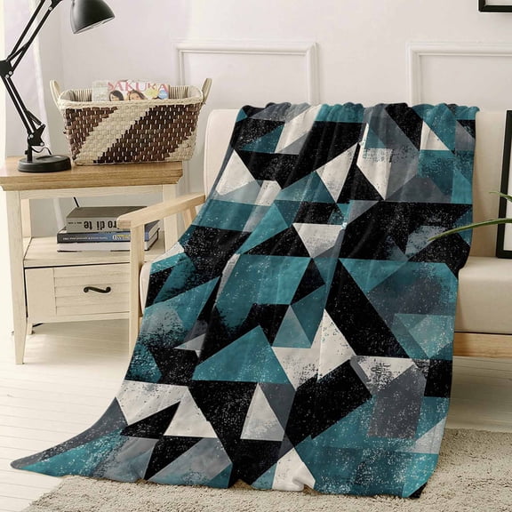 Fleece Blanket Retro Teal Blue Black Color Block Blankets, Soft Cozy Warm Flannel Throw Blanket, Mid Century Geometric Blanket for Bed Couch Sofa,40x50In