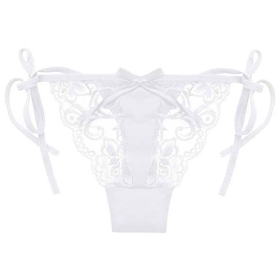 YYDGH Women Adjustable Sides Tie Panties Bowknot Lace Sheer Mesh G-String Thongs Underwear White