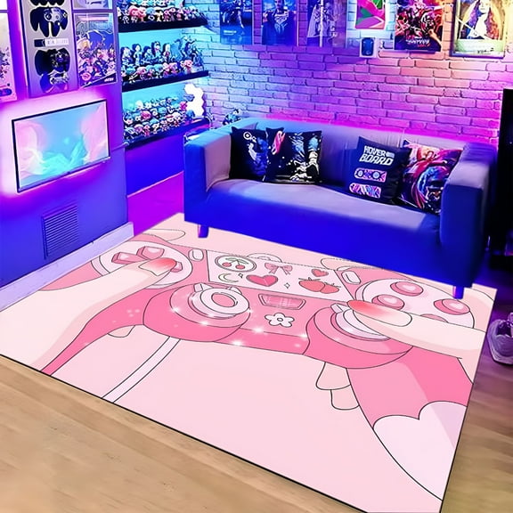 LAMIRO Gaming Rug for Kids Boy Bedroom Gamer Area Carpet 3D Neon Game Cool Blue Blacklight Living Room Game Room Large Area Rug Teen Boy Room Decor Non-Slip Comfy Floor Mat