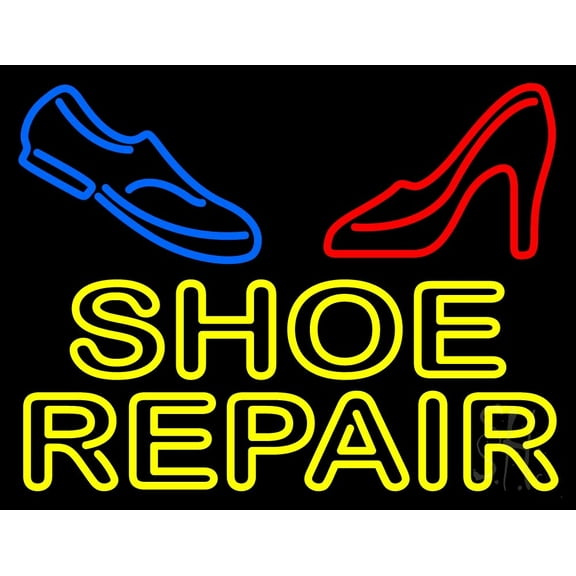 Yellow Shoe Repair With Sandal Shoe LED Neon Sign 24 x 31 - inches, Black Square Cut Acrylic Backing, with Dimmer - Bright and Premium built indoor LED Neon Sign for store interior Décor, Storefront.