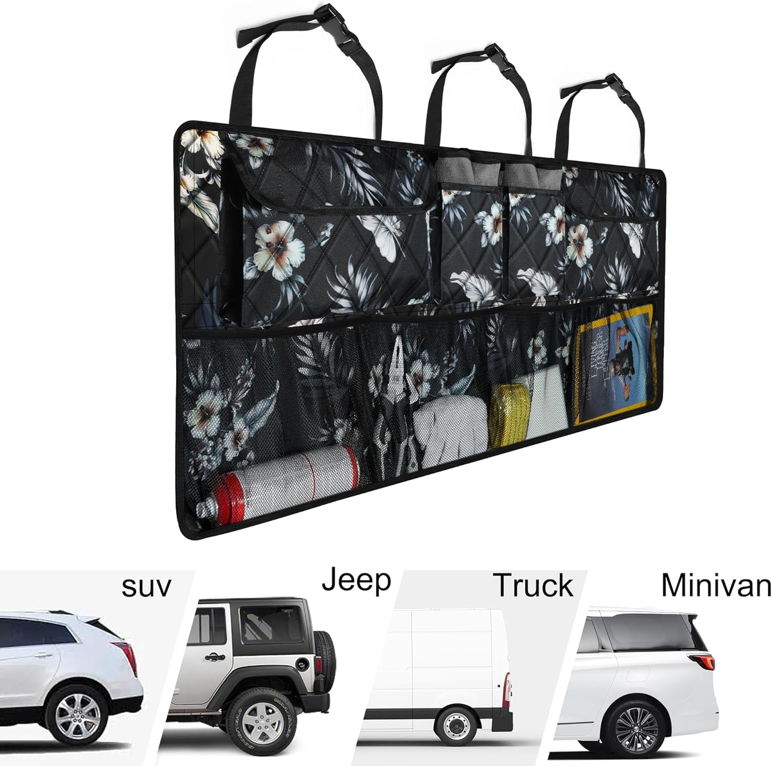 Car Trunk Organizer, Large Capacity Backseat Trunk Organizer (42"*18"), Collapsible Car Storage Bag with 8 Pockets - Hibiscus