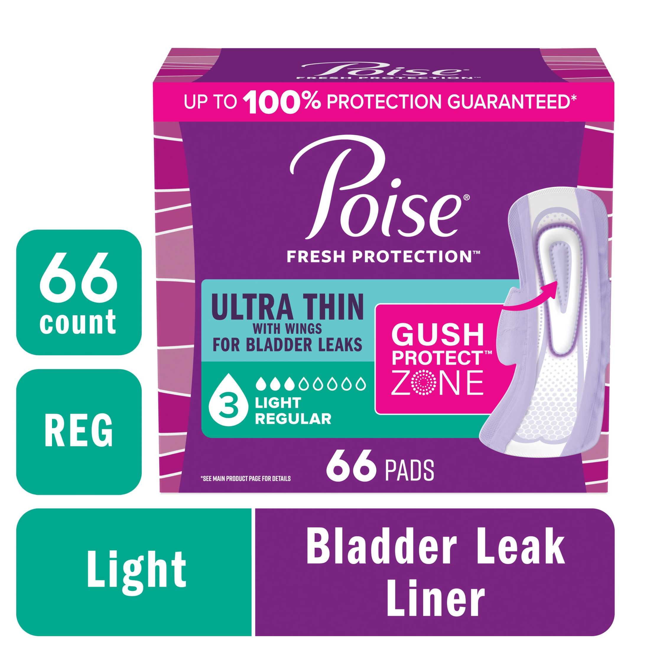 (4 pack) Poise Ultra Thin Incontinence Pads with Wings, 3 Drop Light Absorbency, 66 Count