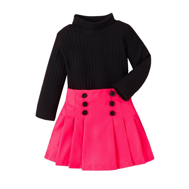 Penkiiy Ensemble Jupe Plissée 3 Pcs pour Filles Automne Hiver Robe Confortable avec Béret 1-2 Ans Noir