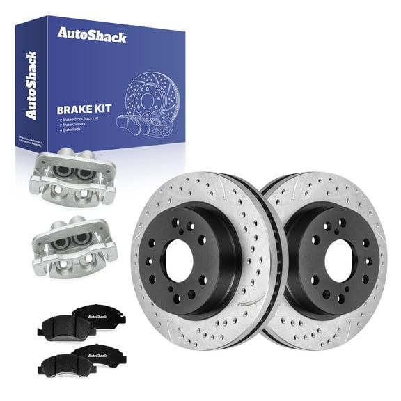 AutoShack Front Vented Drilled & Slotted E-Coated Brake Rotors   Ceramic Pads   Calipers 8-PC Brake Kit Replacement for 2008-2018 Chevrolet Silverado 1500 ShadowGuard 12.99" (329.9 mm)