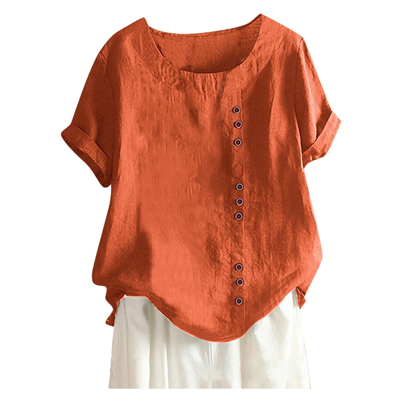 WEIYLL T-Shirts Women Plus Size Linen Loose Tunic Breathable Boho Solid Orange Tops Sizes XXXXL