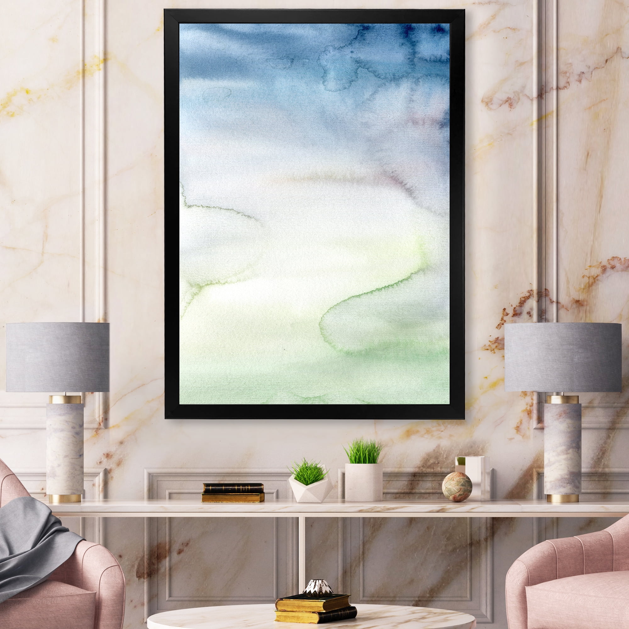 Designart 'Pastel Abstract With Green Dark Blue and White Spots' Modern Framed Art Print