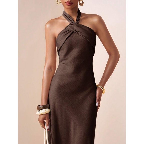 Women Volcanic Gray Elegant Halter Neck Satin Maxi Dress For Evening Party
