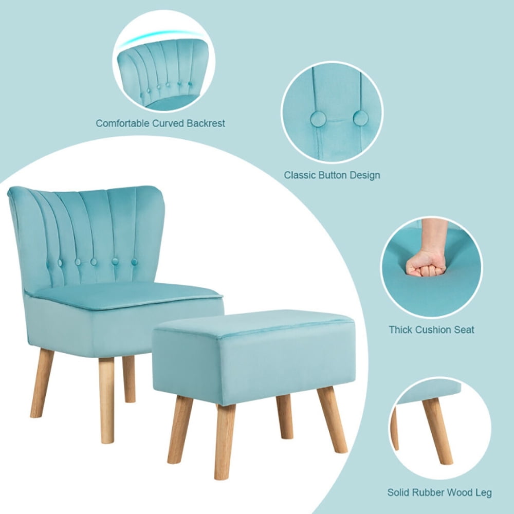 Finihen Velvet Accent Chair, Modern Accent Chair Ottoman Set with Footstool, Thickly Padded, for Living Room, Bedroom, Turquoise
