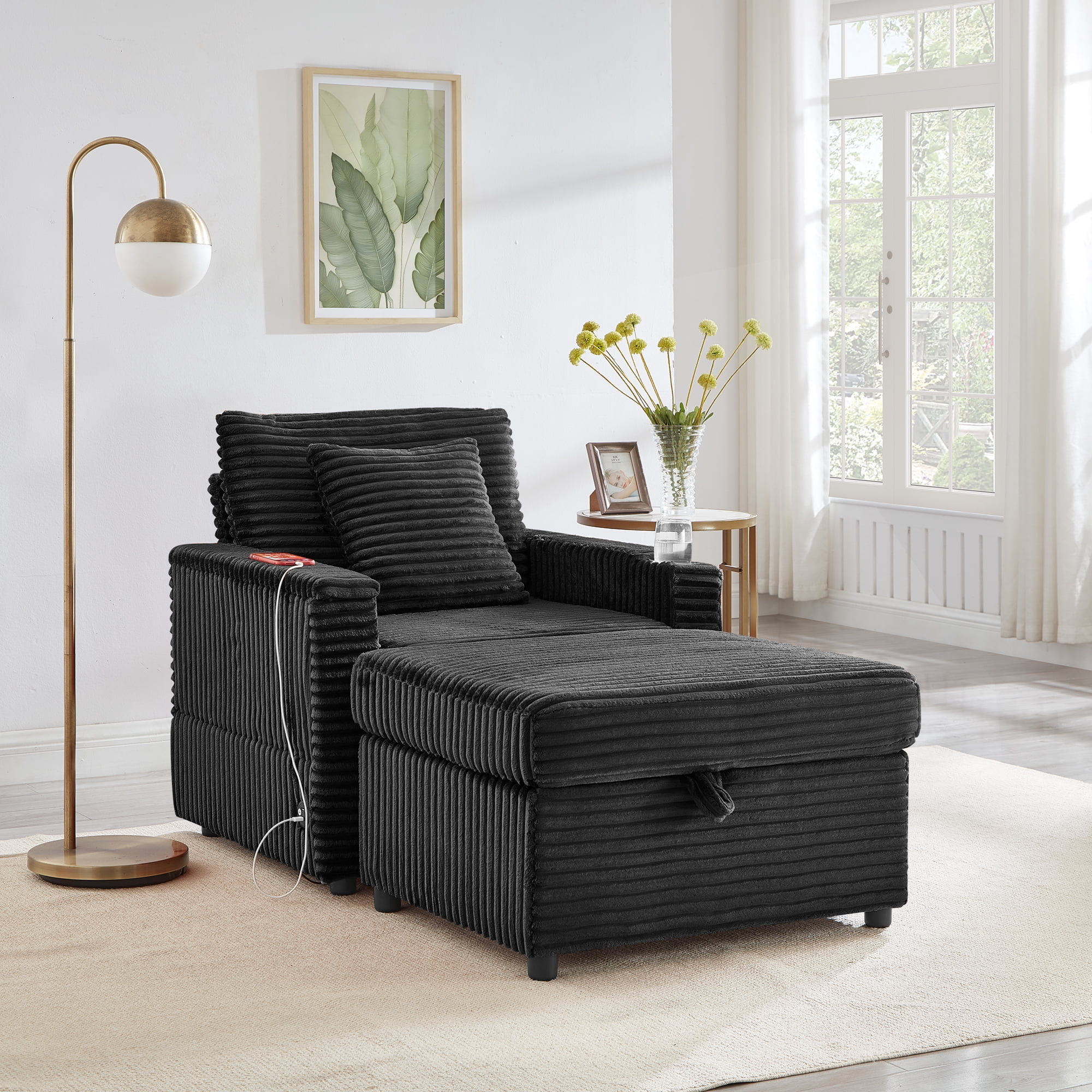 34.5" Soft Chaise Lounge Accent Chair Set with Ottoman, Table Board and Cup Holder