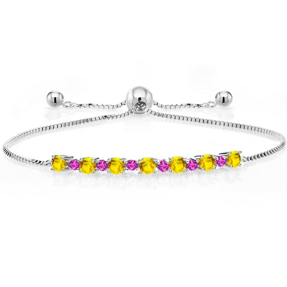 Gem Stone King 1.24 Ct Round Yellow Sapphire Pink Sapphire 925 Sterling Silver Adjustable Tennis Bracelet for Women up to 9 inch