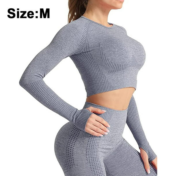 2 pieces/1 set of Women Seamless Workout Outfits Athletic Set Leggings +  Long Sleeve Top Sports Running Yoga Wear