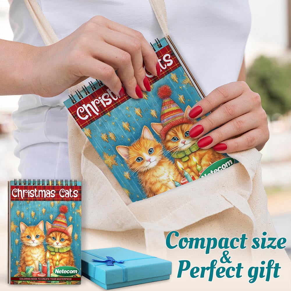 Netecom Christmas Cats Coloring Book Spiral Bound for Adults, A5 Wooden Cover, 30 Playful Coloring Pages of Festive Cats in Holiday for Stress Relief and Relaxation