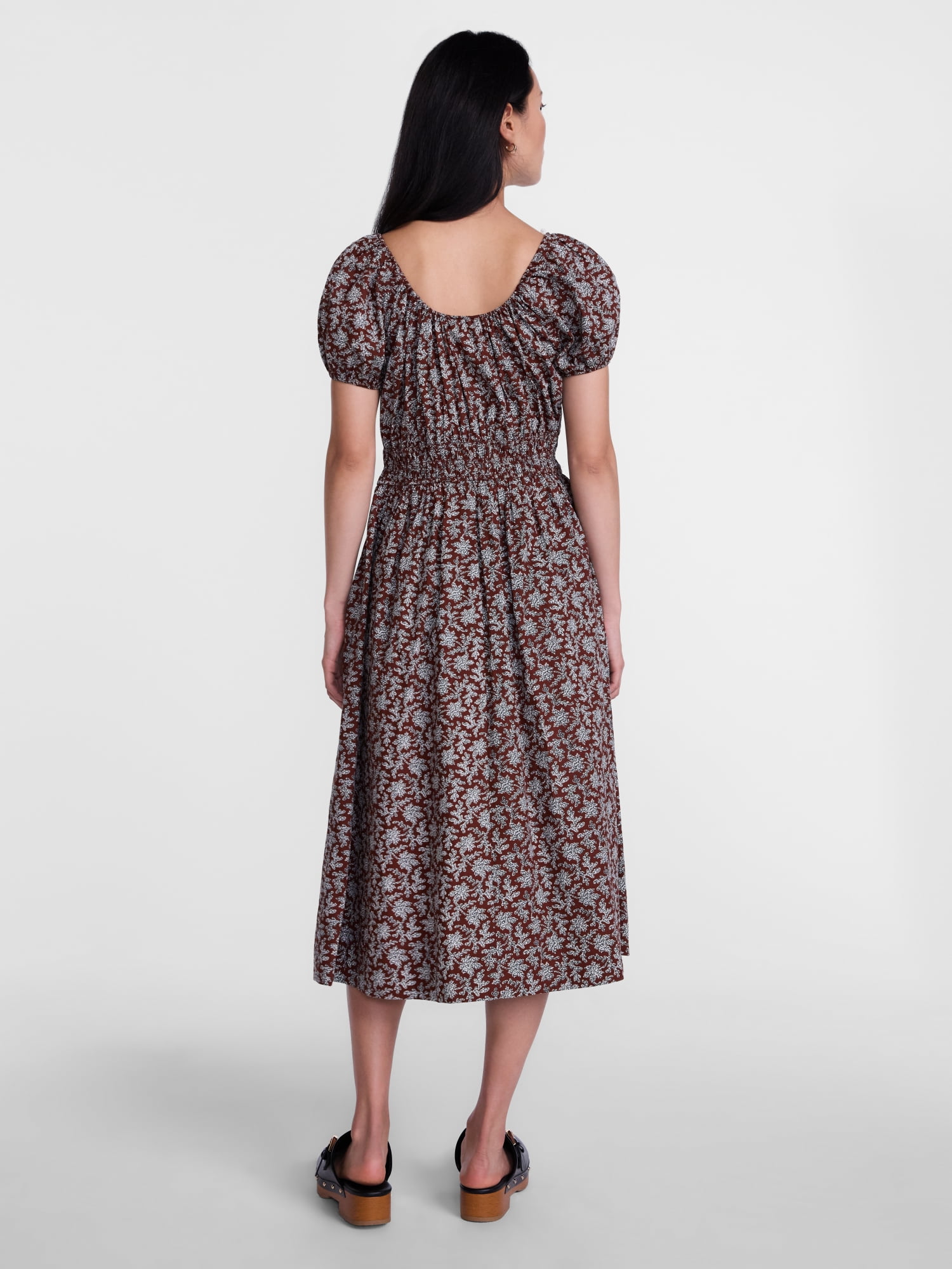 Scenario Women's and Women's Plus Smocked Waist Peasant Midi Dress with Puff Sleeves, Sizes XS-4X