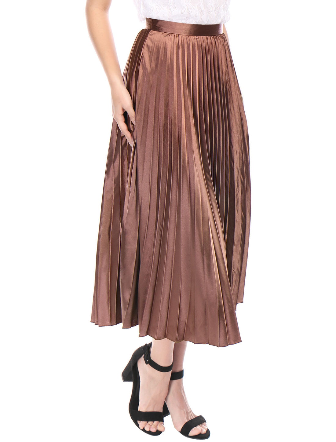 Women Accordion Pleats Metallic Midi Skirt Copper/L (US 14) | Walmart ...