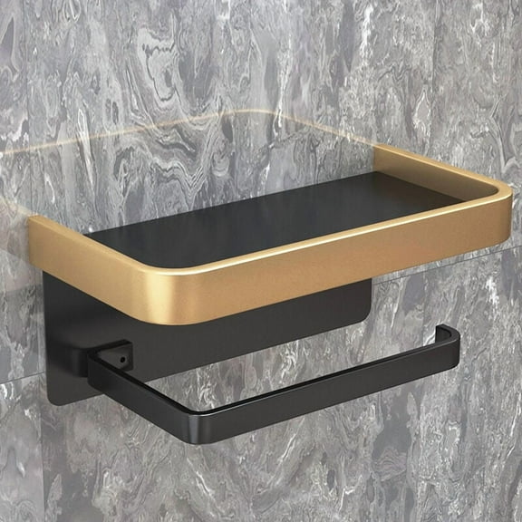 Bathroom Toilet Paper Holder No Punching Wall Mounted Toilet Paper Roll Hanger (Double Layer Black & Gold)